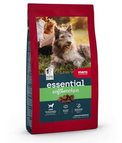 MERA Essential Soft Brocken 4 x 2 kg, semimjukt hundfoder för alla raser, med kycklingprotein, hälsosamt foder med omega-3 och omega-6.