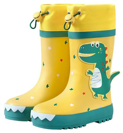 Zerodis Stivali da Pioggia per Bambini con Dinosauro Cartone Animato, Design Alto Antiscivolo in Gomma Impermeabile per Ragazzi e Ragazze, elasticità Regolabile (Dinosauro giallo e verde