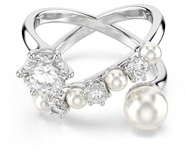 Swarovski Matrix Anello Cocktail, Gioiello Versatile con Zirconia e Crystal Pearl Bianchi, Pietre Scintillanti a Taglio Round, Design Aperto, Placcatura in Tonalità Rodio, Taglia 50