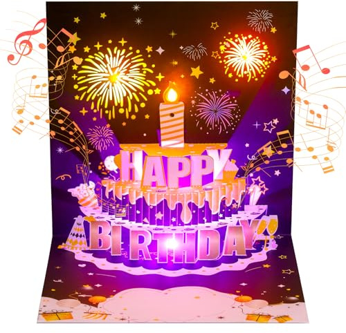 JIZZU 3D Pop Up Biglietto di Compleanno, Biglietto Auguri Compleanno, con Musica e Luci Led, Biglietto Pop-Up 3D, con Carte e Numeri, per Genitori, Figli, Amici e Persone Care