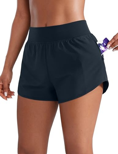 CRZ YOGA Mid Flat Waisted Running Shorts for Women 3 - Mesh Liner Quick Dry for Workout Sport Athletic with Zipper Pocket True Navy Medium