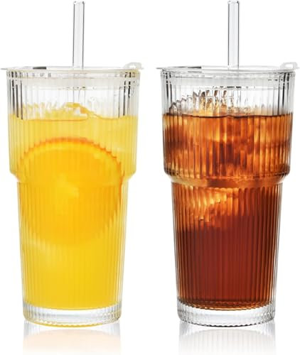 VITEVER 2 Pack 20oz Ribbed Glass Tumblers with Lids and Straws, Iced Coffee Cups for Whiskey Cocktail Beer, Cold Drinks, Smoothie, Juice