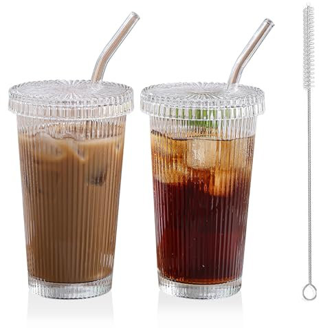 Noxtioanip 2 Piezas Vasos de Cristal con Tpa y Pajita, 380ml Vaso de Vidrio, Tazas de Café Helado, Tazas de Té de Burbuja, Diseño de Rayas Verticales para Leche, Café, Batidos, Jugo, Macchiato, Whisky