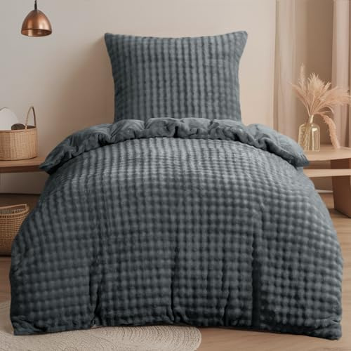 RUIKASI Biancheria da letto invernale in peluche grigio, 155 x 220 cm, calda e morbida, in pile, copripiumino reversibile, con chiusura lampo e 1 federa da 80 x 80 cm