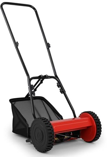 GOPLUS Tondeuse à Gazon Manuelle avec Sac de Ramassage 18,5L, Lame Tranchante, Coupe Hauteur Réglable, Poignée en U, Grandes Roues, Tondeuse Portable pour Pelouse, Jardin, Ferme
