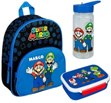 Mochila Super Mario, con caja de merienda y calabaza, personalizable con nombre, juego infantil con vaso azul rey, lote 2
