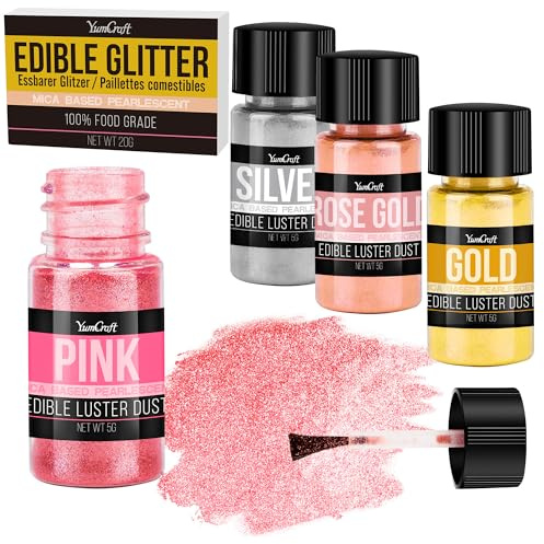 Set di Glitter Commestibile 4 Colori Metallici 5g/Bottiglia - Glitter in Polvere Senza Gusto per Bevande, Cocktail, Torte, Fondant & Cioccolato, Colorante Alimentare per Decorazione