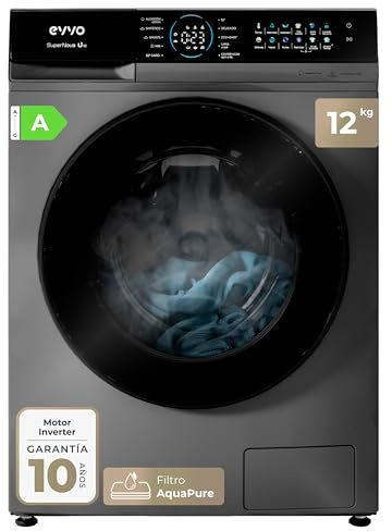 EVVO Lavadora carga frontal 12 kg Supernova, Efeciencia energética A, con vapor, Motor Inverter silencioso, Programa Rápido, Panel Táctil (Inox)