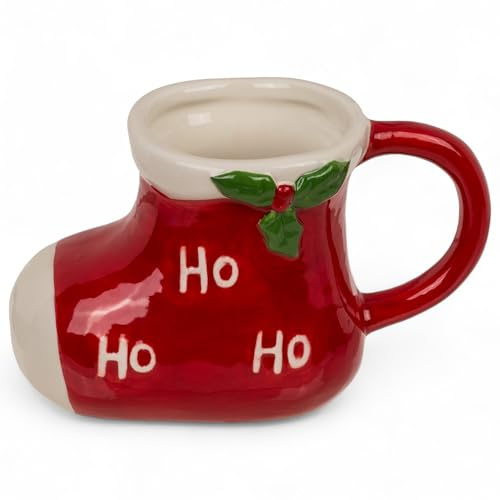 MIJOMA Tazza di Natale – Incantevole tazza in ceramica con design natalizio 3D, perfetta per bevande calde e fredde, 300 ml, tazza da tè e decorazione della cucina (stivali di Babbo Natale)