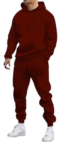 Herr Joggingset 2 delade outfits Herr Fleecehuvad 2 delad träningsoverall Varm huvtröja med dragkedja och mjukisbyxor Sportoutfit Vinröd Liten