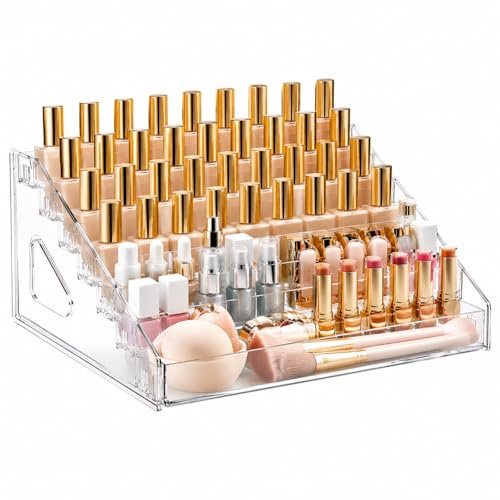 MUNUOSIKEJI Organizador de esmalte de uñas de 5 niveles, soporte de exhibición de maquillaje de plástico transparente, para hasta 30 botellas, estante de almacenamiento compacto para brillo de labios