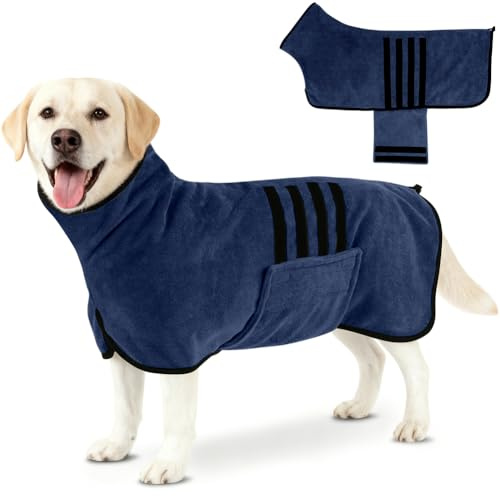 AOOTE Peignoir en Microfibre pour Chien,Serviette Bain Chien avec Velcro et Bande Rétractable Réglable,Serviette Peignoir Chiens Super Absorbante pour Moyens Grands Chiens,Bleu Marine,XL