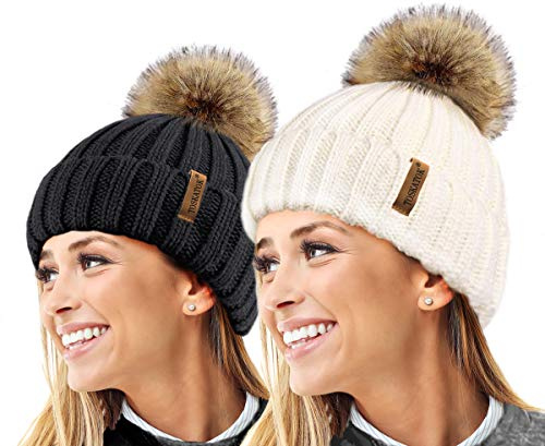 TOSKATOK® Femmes Hiver Rib Bonnet/Beanie avec Chunky détachable en Fausse Fourrure Bobble Pom Pom-Taille Unique-Black-Cream