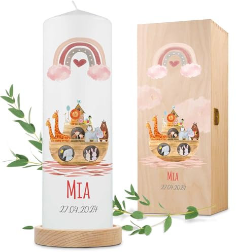 GRAVURZEILE Bedruckte Kerze - Taufkerze Arche Regenbogen - brilliant bedruckte Kerze zur Taufe - Personalisiertes Taufgeschenk für Mädchen & Jungen - Hochwertige Stumpenkerze 250/80 mm - Farbe: Rosa