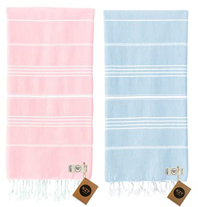 KZY LONDON Juego de 2 toallas de playa turcas grandes para camping, natación, baño, gimnasio, picnic, secado rápido, súper absorbentes, ligeras, compactas de algodón para adultos (rosa - azul claro)