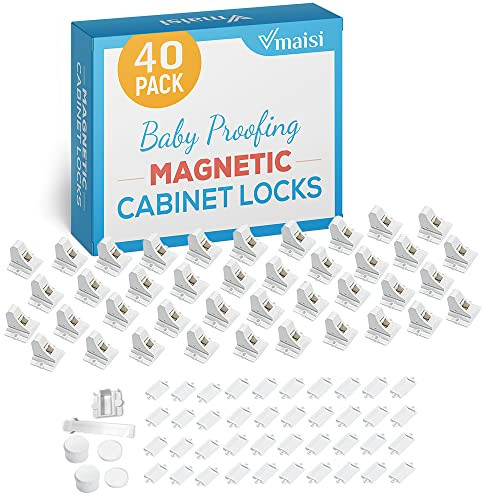 Vmaisi Adhesive Magnetic Locks for Cabinets & Drawers (40 Locks and 4 Keys)