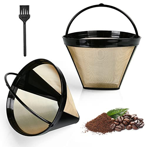 AOMIG Wiederverwendbar Kaffee Filter, 2 Stück Goldtonfilter Größe 4 mit Bürste, Kaffee Dauerfilter Edelstahl mit Griff, Permanentfilter Mesh Korb Waschbar für Kaffeemaschinen der Ninja CFP Serie