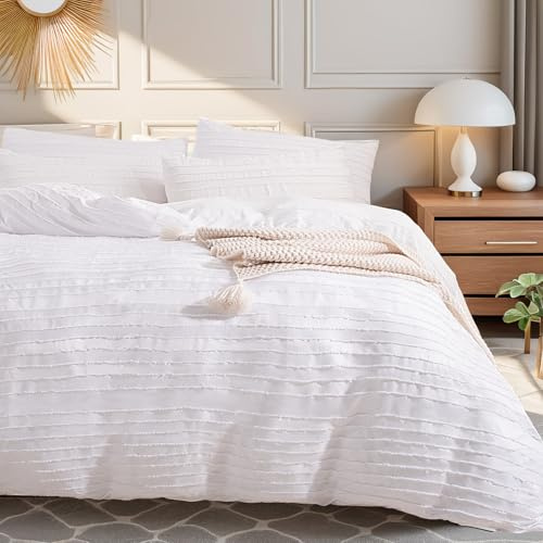 NEXHOME PRO Twin Duvet Cover, White 2 Pieces Boho Tufted Duvet Cover Set, Soft and Lightweight 100% Washed 100% Washed Microfiber Comforter Cover Set for All Season(White Twin, 66 x 90)-No Comforter