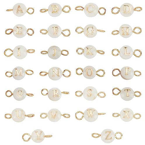 PandaHall AZ Buchstaben Link Charms 26 Stück Muschel Alphabet Buchstaben Perlen Mit Goldenen 304 Edelstahl Doppelschlaufen Anhänger Glieder Charms Für DIY Armband Halsketten Schmuck Bastelarbeiten