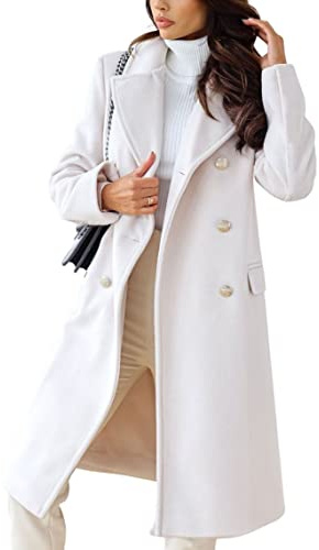 chouyatou Women's Winter Lapel Double Breasted Office Work Long Wool Pea Coat Overcoat (XX-Large, White)