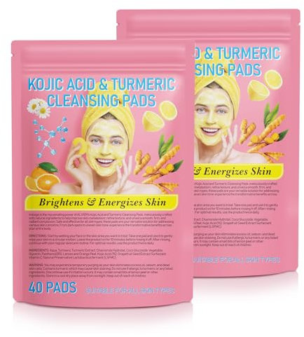 Almohadilla De Limpieza De Ácido Kojic De Cúrcuma, 2 x 40 Almohadillas De Espuma Cúrcuma Que Contienen Vitamina B5,Minimización De Manchas Oscuras,Minimización Decoloración, Esponja De Limpieza Facial