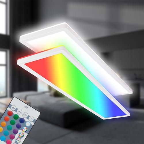 BRILONER LED Deckenlampe 98cm mit indirektem Licht - RGB+W bunte Lichtfarben, Panel Deckenleuchte für Wohnzimmer und Küche mit Fernbedienung, 98x20x3 cm, Weiß
