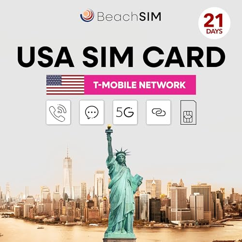 BeachSIM Prepaid USA SIM-Karte 21 Tage. Unbegrenzte 5G-Daten, Anrufe und SMS. T-Mobile-Netz. iOS & Android kompatibel.