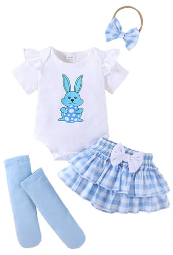 LUVCES Conjunto Ropa para Niñas Recién Nacidas Manga Corta Estampado de Conejito Mameluco Top + Bowknot Pantalones Cortos +Calcetín 3Pcs Trajes de Pascua Conejito azul 12-18 Meses