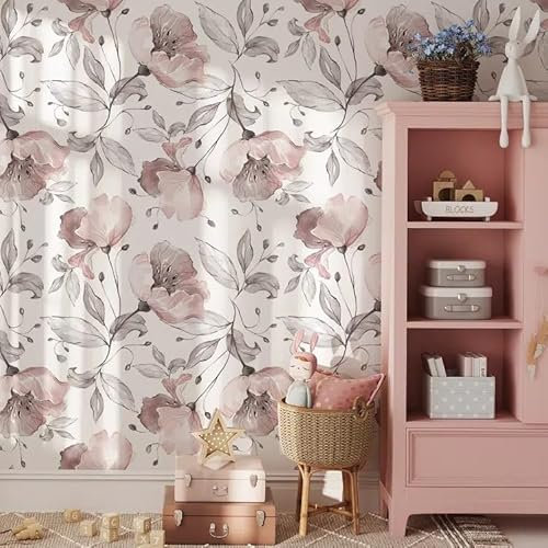 Papel tapiz de pared con motivo de magnolia, patrón floral rosa y gris, decorativo para la habitación de los niños