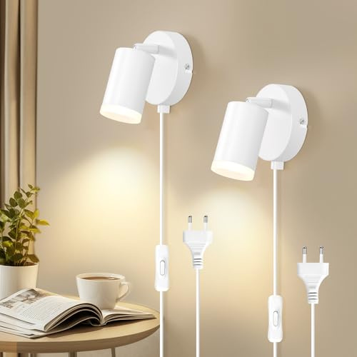 Dehobo Aplique de Pared con Enchufe e Interruptor - Lámpara de Muro Moderna | Blanco Mate Lámpara Enchufable Aluminio MAX 7W para Dormitorio Armario Escritorio Imagen - Sin Bombilla - Paquete de 2