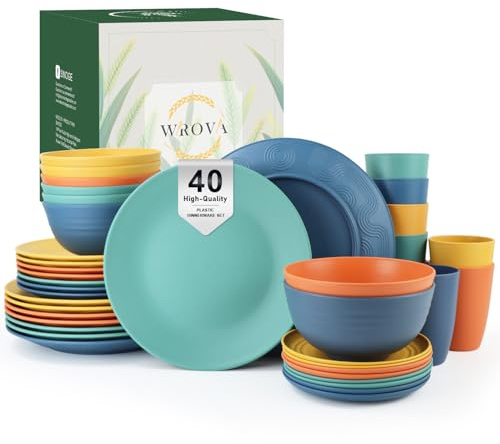 Wrova Plastic Dinner Set 40 PCS - Service for 8 | Plates and Bowls Sets | Unbreakable Dishes Set - Dinner Plate, Dessert Plates, Cereal Bowls, Cups, Microwave and Dishwasher Safe for Camping - Multi
