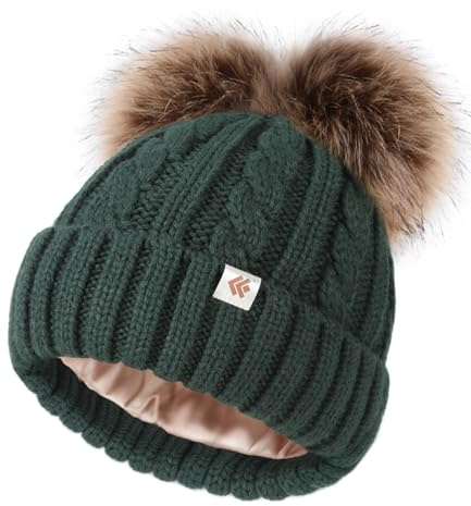 Creekstone Satin Lined Winter Beanie Hats for Women Girls, Warm Knit Hats with Faux Fur Double Pom Pom Ears (US, Alpha, One Size, Green)