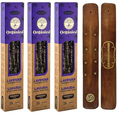 Aroma Senses – förpackning med 3 lådor ekologiska rökelsestavar Ullas lavendel + 1 aromsenses rökelsehållare | 100 % naturlig och ekologisk rökelse | aromaterapi med naturliga örter