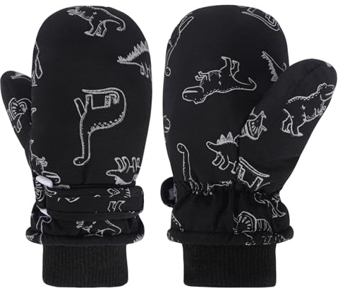 QKURT Kids Ski Mittens, Waterproof Winter Warm Snow Gloves, Cute Cartoon Dinosaur Gloves, Thick Fleece Lining Thermal Mittens Snowboard Skating Mittens for Boys Girls Aged 0-8