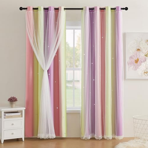 XiDi Curtains for Bedroom Girls Kids Rainbow Eyelet Drape 84 Inch