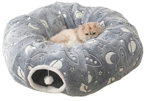 Tunnel Anneau pour Chat, Tunnel Jeu Donut pour Chats d'Intérieur, Coussin en Peluche Qui Brille dans Le Noir Jouet Interactif pour Le Repos et Le Sommeil des Animaux de Petite Moyenne et