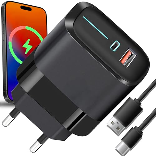 Retoo Cargador USB C 20W, Carga Rapida 3 Puertos USB y USB-C Compatible con Todos los Smartphone, Tabletas, Bancos de Energía, Auriculares, Cable USB-C, Super Charging Technology, Negro