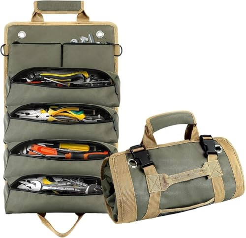 Organizador de Herramientas Enrollable – Bolsa Multiusos para Electricistas y Carpinteros, 4 Bolsillos con Cremallera + 2 Bolsas Desmontables, Bolsa de Herramientas Profesional