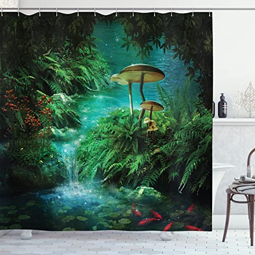 Ambesonne Fantasy Shower Curtain, View of Fantasy River with Pond and Fishes Mushroom in Jungle Trees Print, Cloth Fabric Bathroom Decor Set with Hooks, 69 W x 70 L, Green Teal