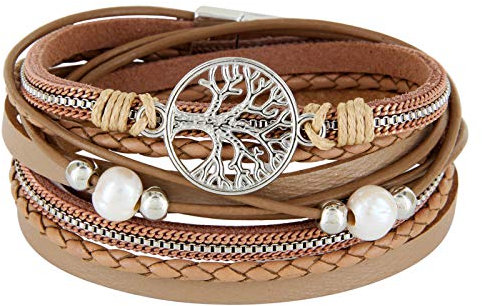 StarAppeal Wickelarmband mit Perlen, Ketten, Flechtelement und Lebensbaum Anhänger, Magnetverschluss Silber, Damen Armband (Hellbraun)