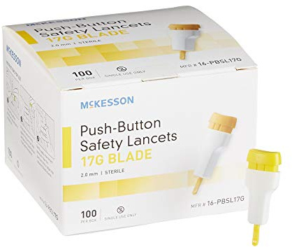 McKesson Safety Lancets, Sterile, Push-Button, 17 Gauge Blade, 2 mm, 100 Count, 1 Pack