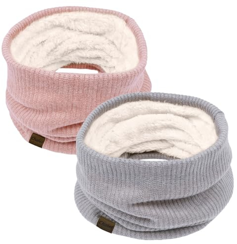 Chalier Infinity Scarf Winter Double-Layer Neck Warmer Knit Fleece Lined Circle Loop Scarves, grey pink