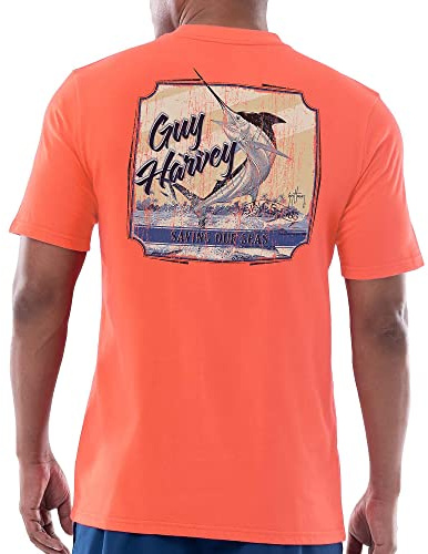 Guy Harvey Men's Saving Our Seas Short Sleeve Pocket T-Shirt, Living Coral/Saving Our Seas, Medium