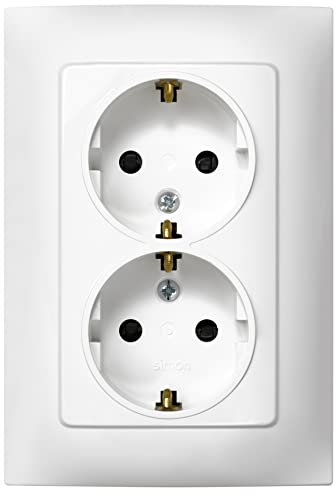 SIMON - Enchufe Doble de Empotrar Schuko, Serie Simon 10, 250V, 10 A, Enchufe de Pared Plano y Fino, Fácil de Instalar, Incluye Marco, Tapa y Mecanismo, Base de Enchufe Hembra Color Blanco