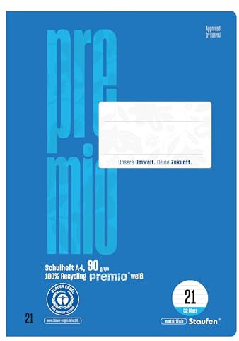 Staufen premio Schulheft - 2 Hefte je 32 Blatt, DIN A4, Lineatur 21 (9mm liniert), 90 g/m² Recyclingpapier, runde Ecken verhindern „Eselsohren“