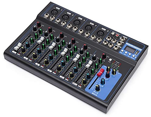 Bluetooth Mixer USB, 7 Kanal Audio Mischpult, Konsole Verstärker USB DJ Live Mixer Studio Bluetooth,5-Segment-LED,20Hz-20kHz±0.5dB