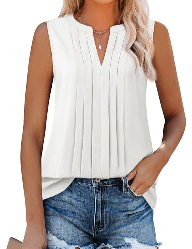 Gaharu Sleeveless Blouses for Women Dressy Casual White Tank Summer Tops Business Casual Shirts Pleated Blouses Work Professinal White XXL