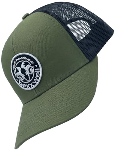 Bexxwell Trucker Cap/Baseball Cap Olivgrün/Schwarz mit Logo-Patch (optimale Passform, Kappe, Black, Green, Truckercap, Logo, Cap, Unisex)