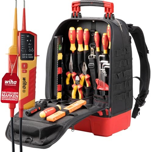Wiha Elektriker Werkzeugrucksack 27-tlg. I mit Elektriker Grundausstattung I stabiler Standboden I mit Laptopfach I Taschen für Zubehör (45528) (Standard inkl. Spanungsprüfer (45216))
