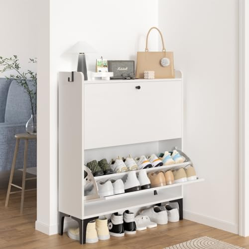 Dripex 2 Drawer Shoe Cabinet, Wooden Shoe Cupboard with 2 Flip Drawers, Adjustable and Removable Divider, Metal Flip Stand & Support Feet, for Hallway and Living Room (White, 80cm width)